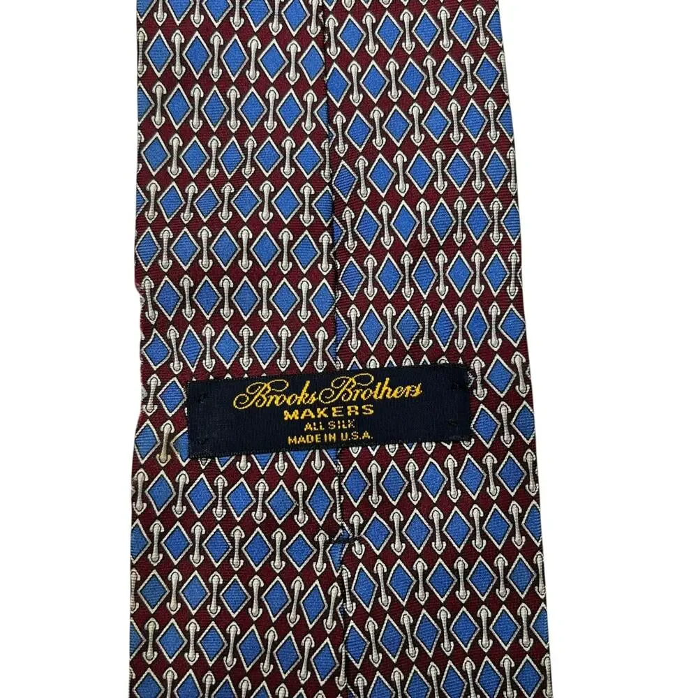 Brooks Brothers Makers Silk Neck Tie Geometric Diamond FLAW Burgundy Blue 3.5x52